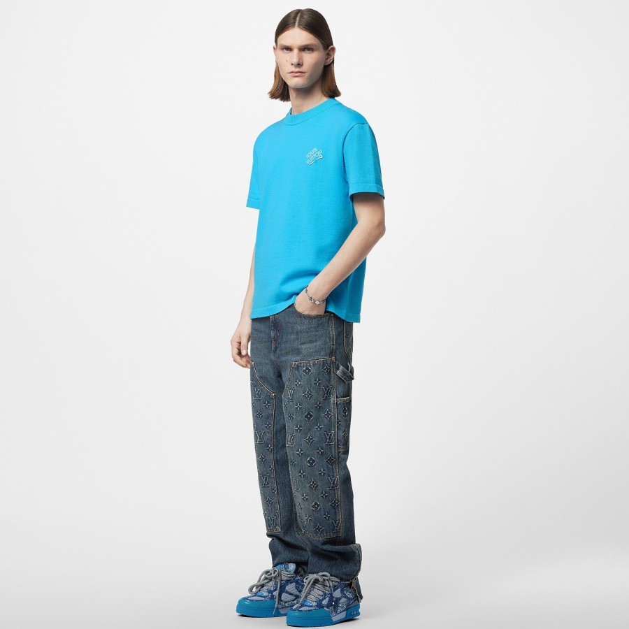 Men Louis Vuitton Knitwear And Sweatshirts | Embroidered Signature Short-Sleeved Cotton Crewneck Blue