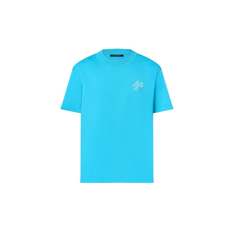 Men Louis Vuitton Knitwear And Sweatshirts | Embroidered Signature Short-Sleeved Cotton Crewneck Blue