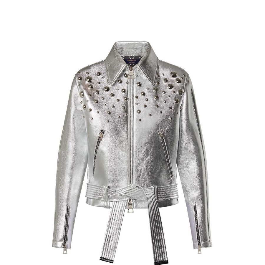 Women Louis Vuitton Coats And Jackets | Lv X Yk Metal Studs Metallized Leather Jacket