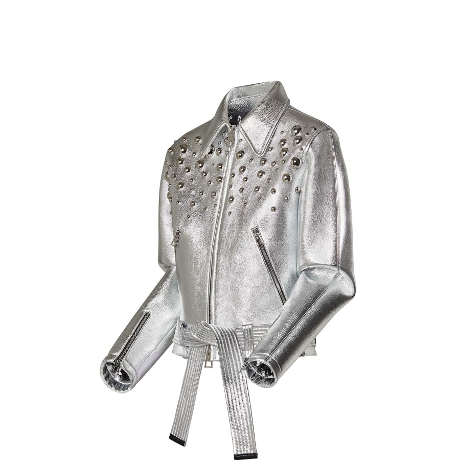 Women Louis Vuitton Coats And Jackets | Lv X Yk Metal Studs Metallized Leather Jacket