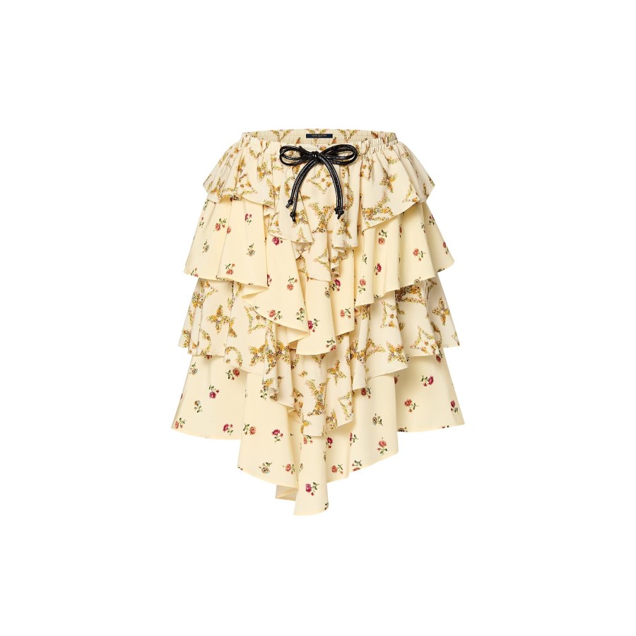 Women Louis Vuitton Skirts And Shorts | Tiered Floral Print Mini Skirt Egg Shell