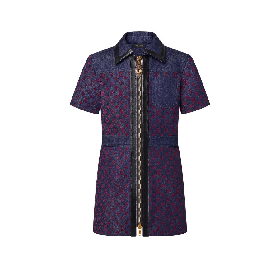 Women Louis Vuitton Denim | Flocked Monogram Denim Zip-Up Dress