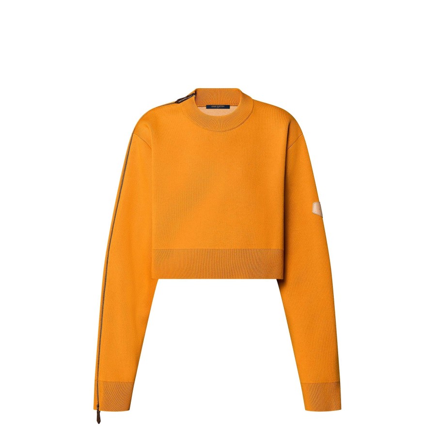 Women Louis Vuitton Knitwear | Monogram Trim Open Sleeve Cropped Pullover Ocher