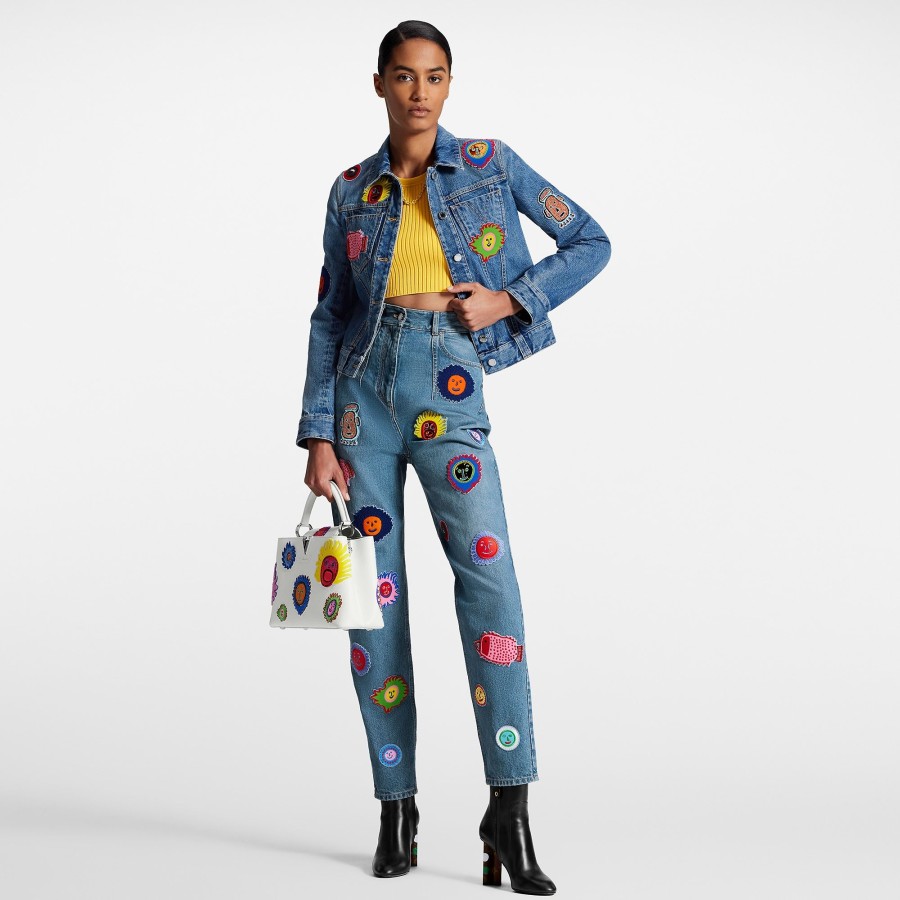 Women Louis Vuitton Denim | Lv X Yk Faces Patches Fitted Denim Jacket