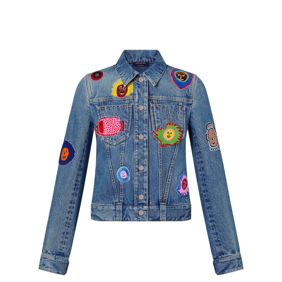 Women Louis Vuitton Denim | Lv X Yk Faces Patches Fitted Denim Jacket