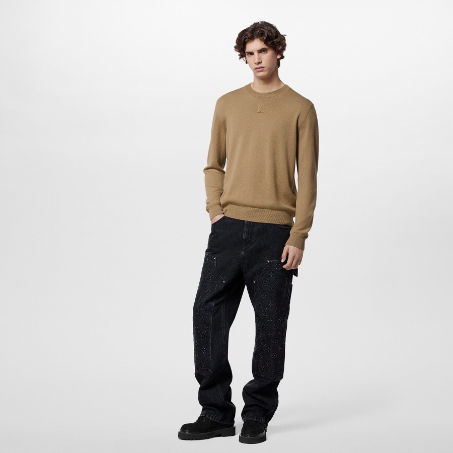 Men Louis Vuitton Knitwear And Sweatshirts | Embossed Lv Cashmere Crewneck Grey Beige