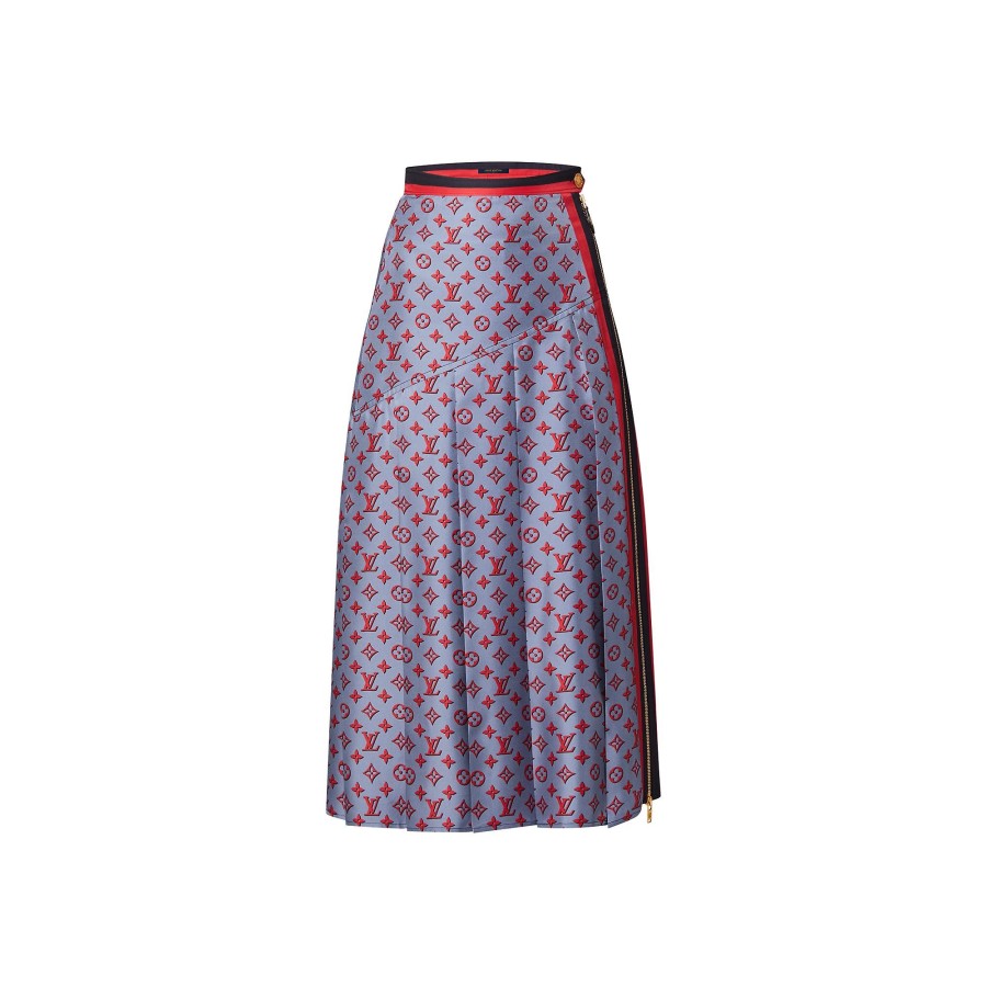 Women Louis Vuitton Skirts And Shorts | 3D Monogram Asymmetrical Pleat Midi Skirt Blue Grey