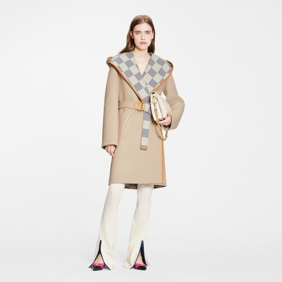 Women Louis Vuitton Coats And Jackets | Reversible Damier Azur Hooded Wrap Coat