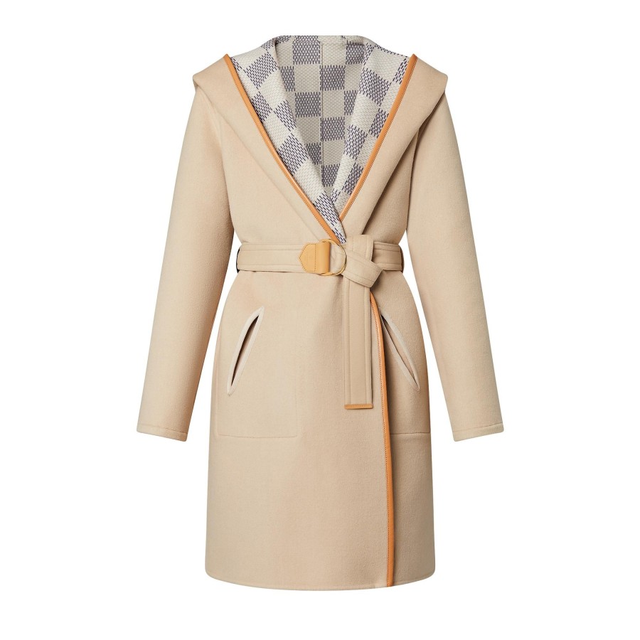 Women Louis Vuitton Coats And Jackets | Reversible Damier Azur Hooded Wrap Coat