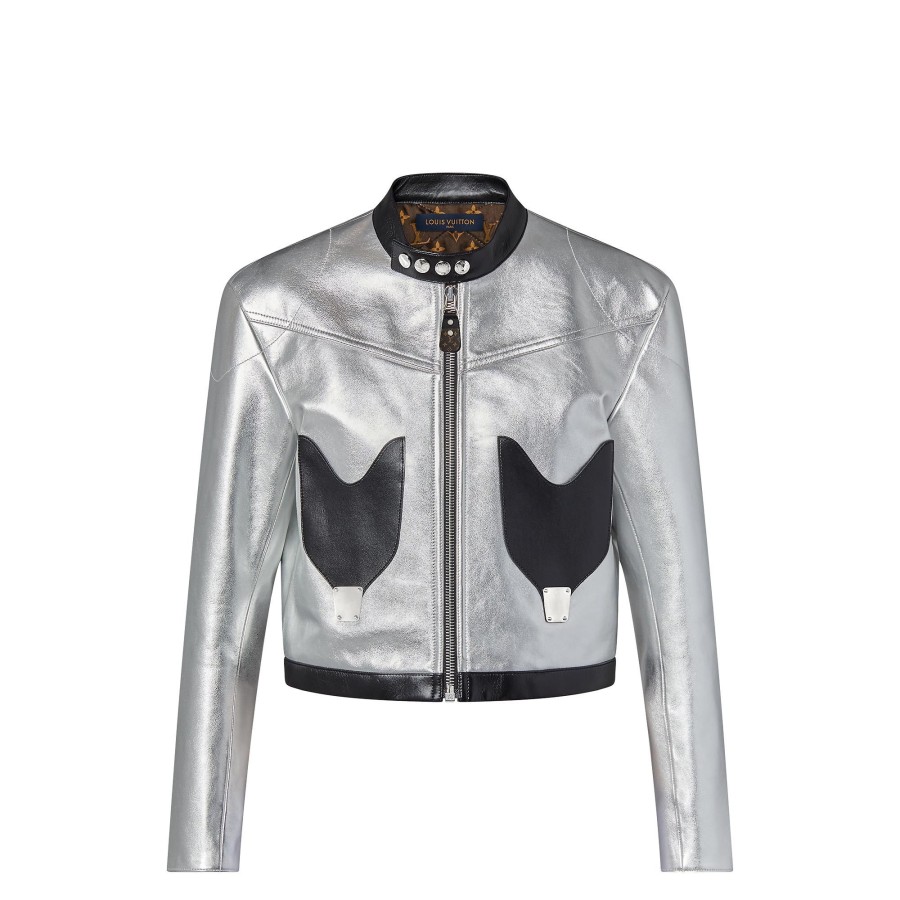 Women Louis Vuitton Coats And Jackets | Graphic Accent Silver Calfskin Jacket