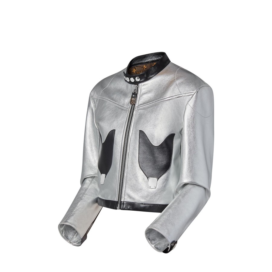 Women Louis Vuitton Coats And Jackets | Graphic Accent Silver Calfskin Jacket