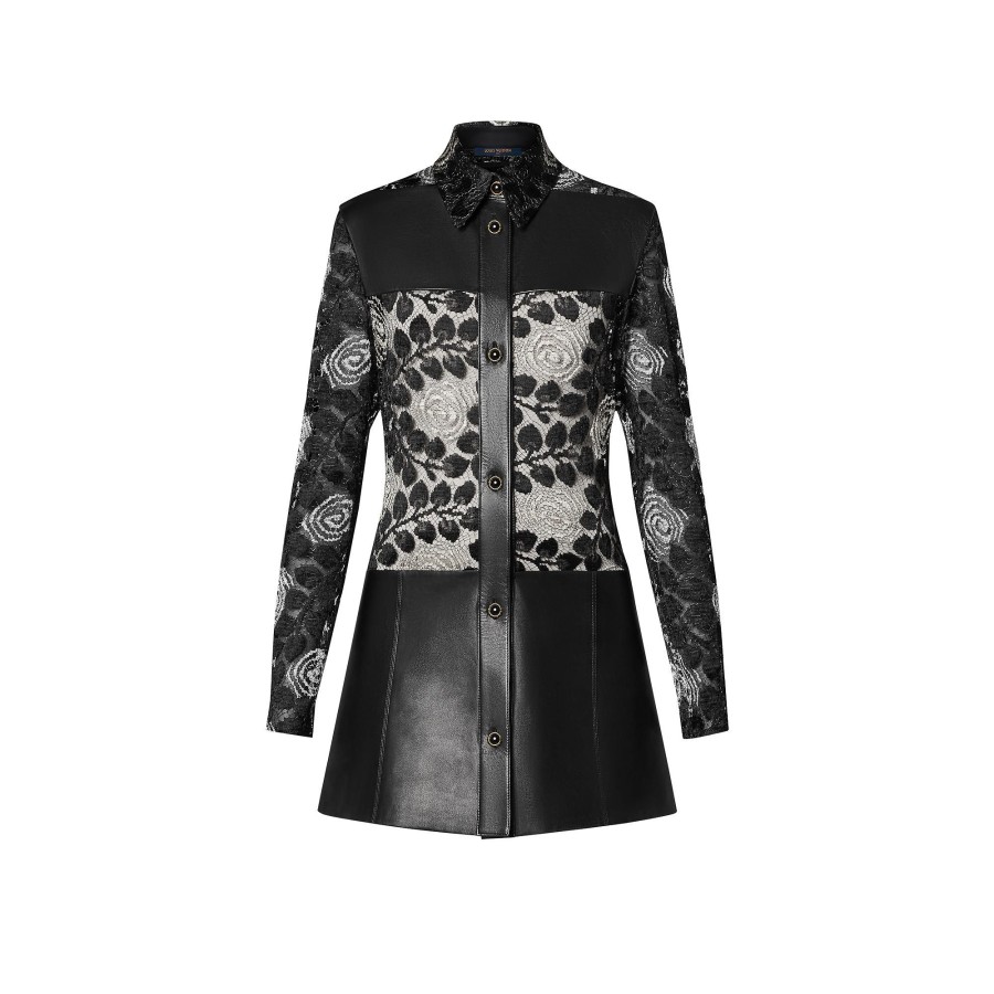 Women Louis Vuitton Dresses | Floral Lace And Leather Shirt Dress