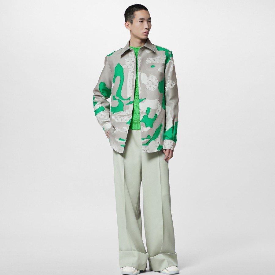 Men Louis Vuitton Shirts | Printed Cotton Fil Coupe Overshirt Green