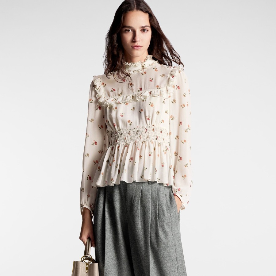 Women Louis Vuitton Tops | Floral Print Ruffle Trim Blouse Milk White