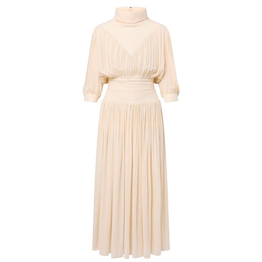 Women Louis Vuitton Dresses | Fold-Over Collar Gathered Silk Midi Dress