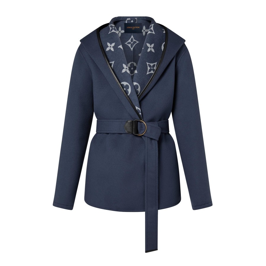 Women Louis Vuitton Coats And Jackets | Signature Short Hooded Wrap Coat Blue Oil