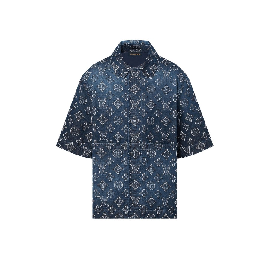 Men Louis Vuitton Shirts | Monogram Short-Sleeved Chambray Shirt Indigo