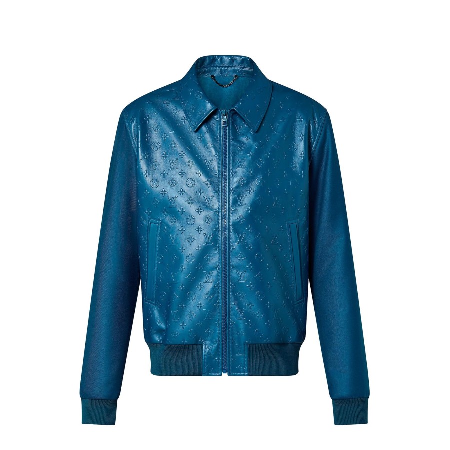 Men Louis Vuitton Coats And Outerwear | Monogram Embossed Leather And Wool Blouson Gibraltar Sea