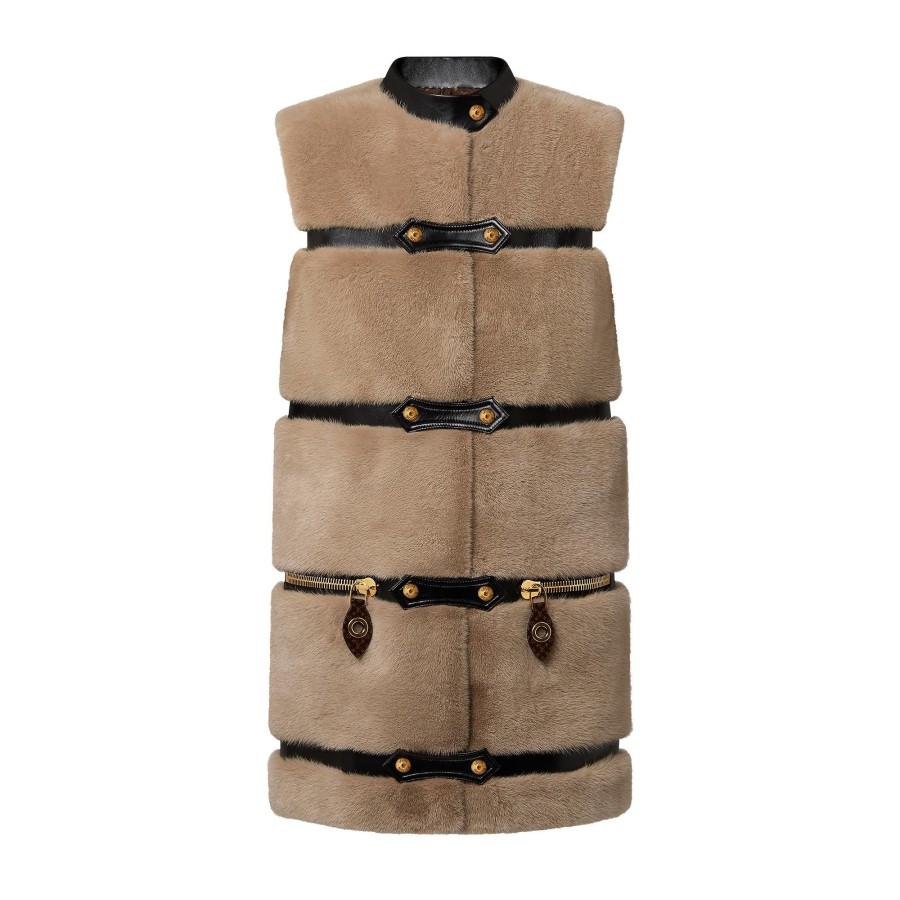 Women Louis Vuitton Coats And Jackets | Sleeveless Leather Strip Mink Coat Beige