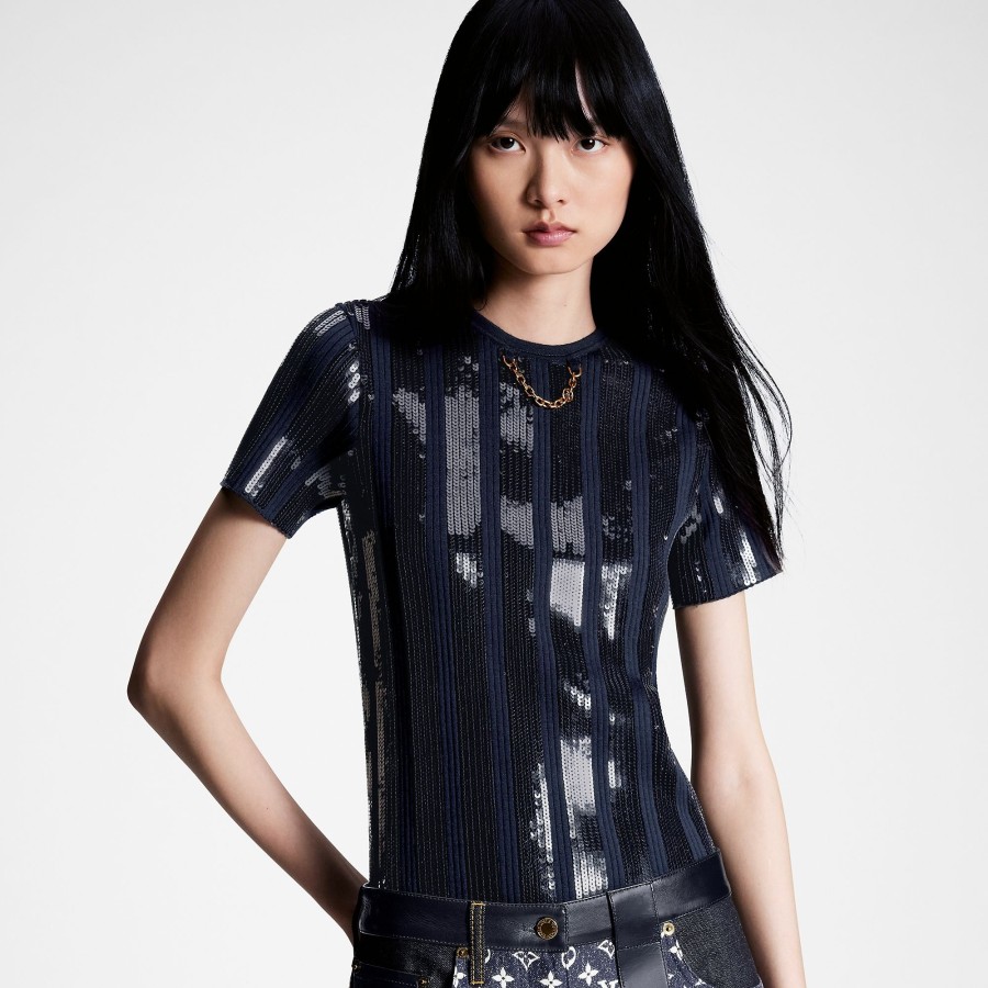 Women Louis Vuitton Tops | Sequin Stripes T-Shirt