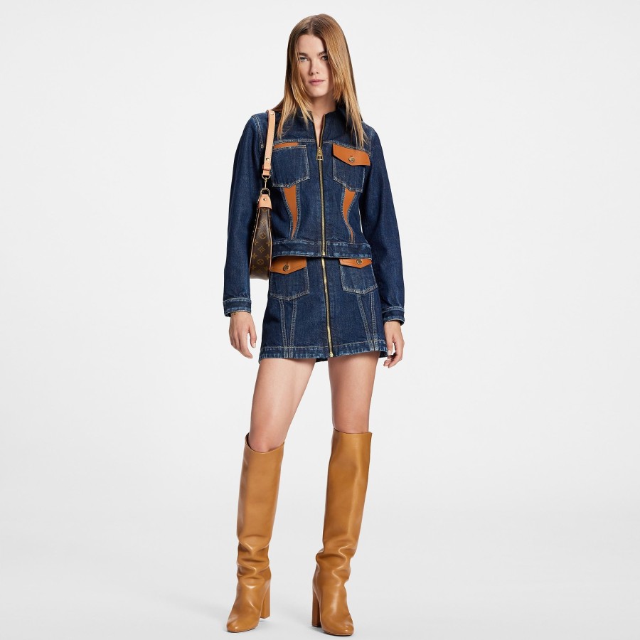 Women Louis Vuitton Denim | Leather Accent Denim Mini Skirt