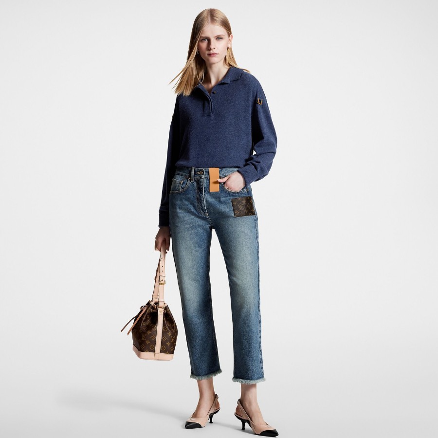 Women Louis Vuitton Denim | Frayed Hem Stonewashed Monogram Patch Jeans