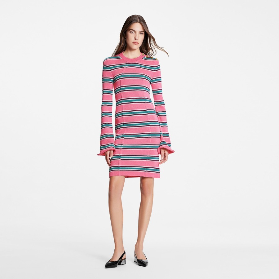 Women Louis Vuitton Knitwear | Horizontal Stripes Trumpet Sleeve Dress