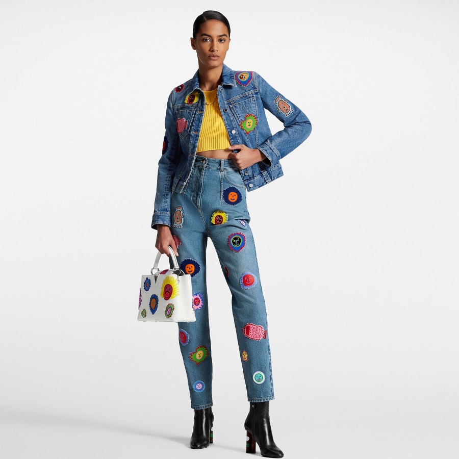 Women Louis Vuitton Coats And Jackets | Lv X Yk Faces Patches Fitted Denim Jacket