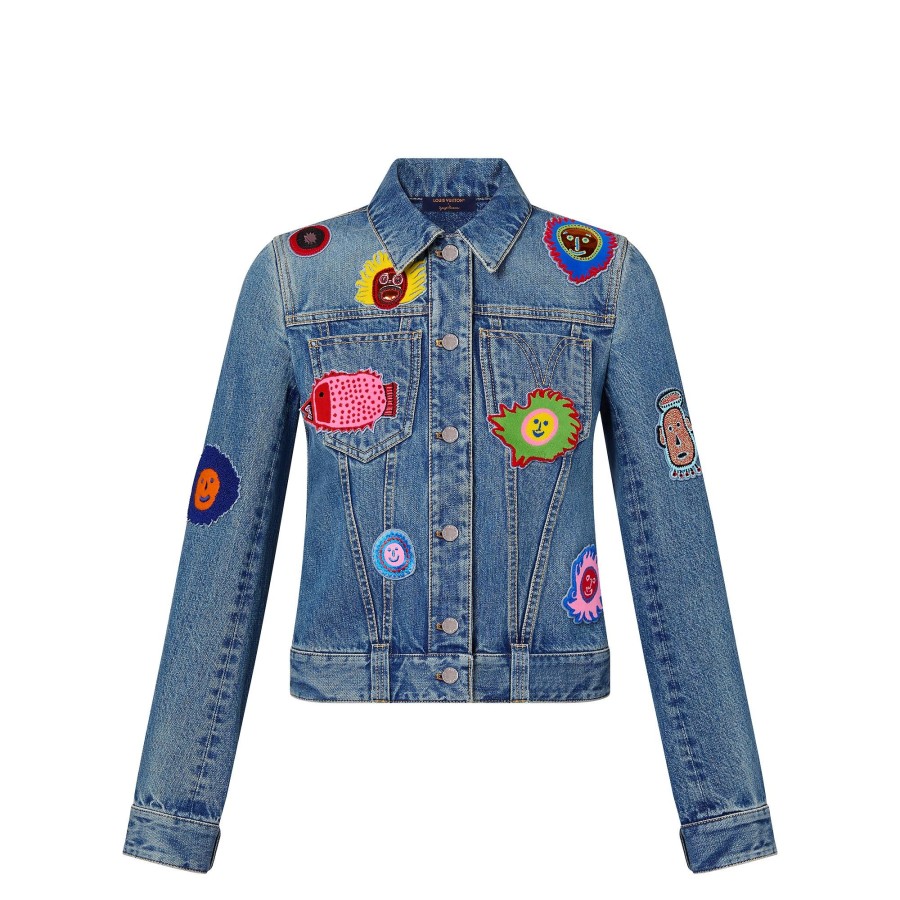 Women Louis Vuitton Coats And Jackets | Lv X Yk Faces Patches Fitted Denim Jacket