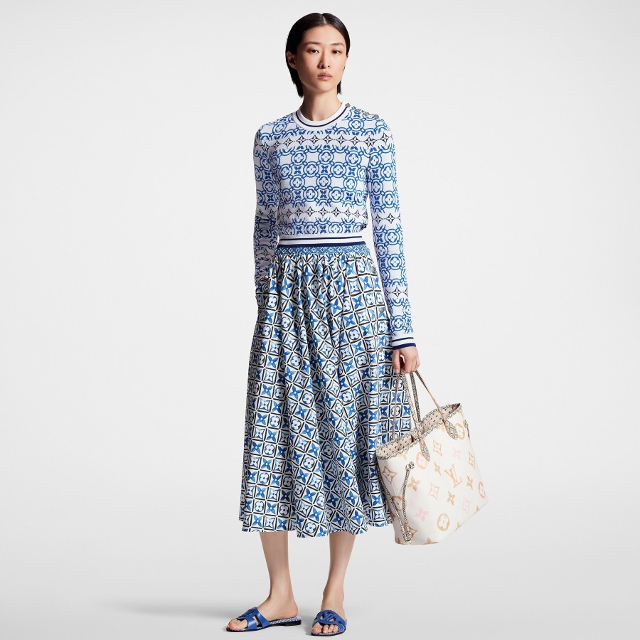 Women Louis Vuitton Knitwear | Monogram Flower Tile Jacquard Cropped Pullover Blue