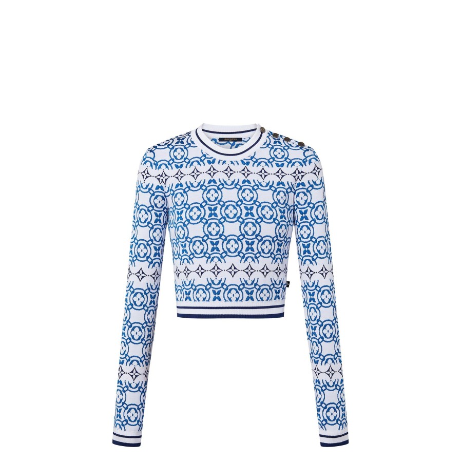 Women Louis Vuitton Knitwear | Monogram Flower Tile Jacquard Cropped Pullover Blue