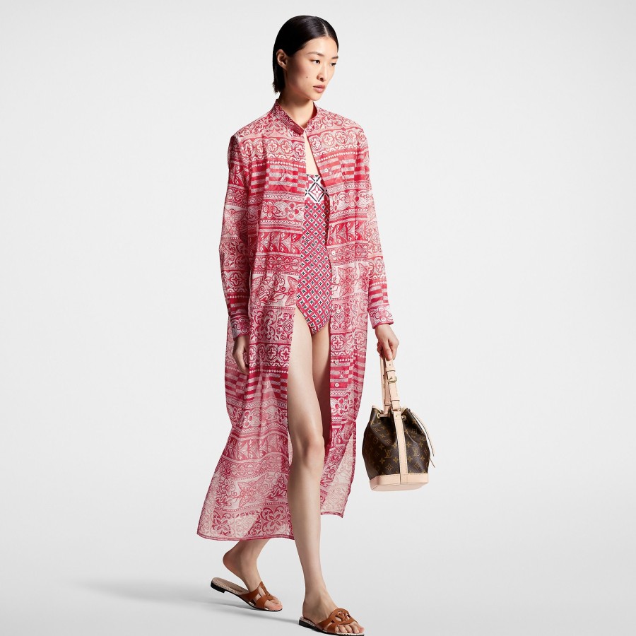 Women Louis Vuitton Dresses | Monogram Tile Long Shirt Dress Bright Red