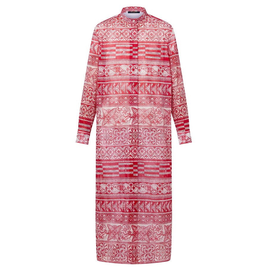 Women Louis Vuitton Dresses | Monogram Tile Long Shirt Dress Bright Red