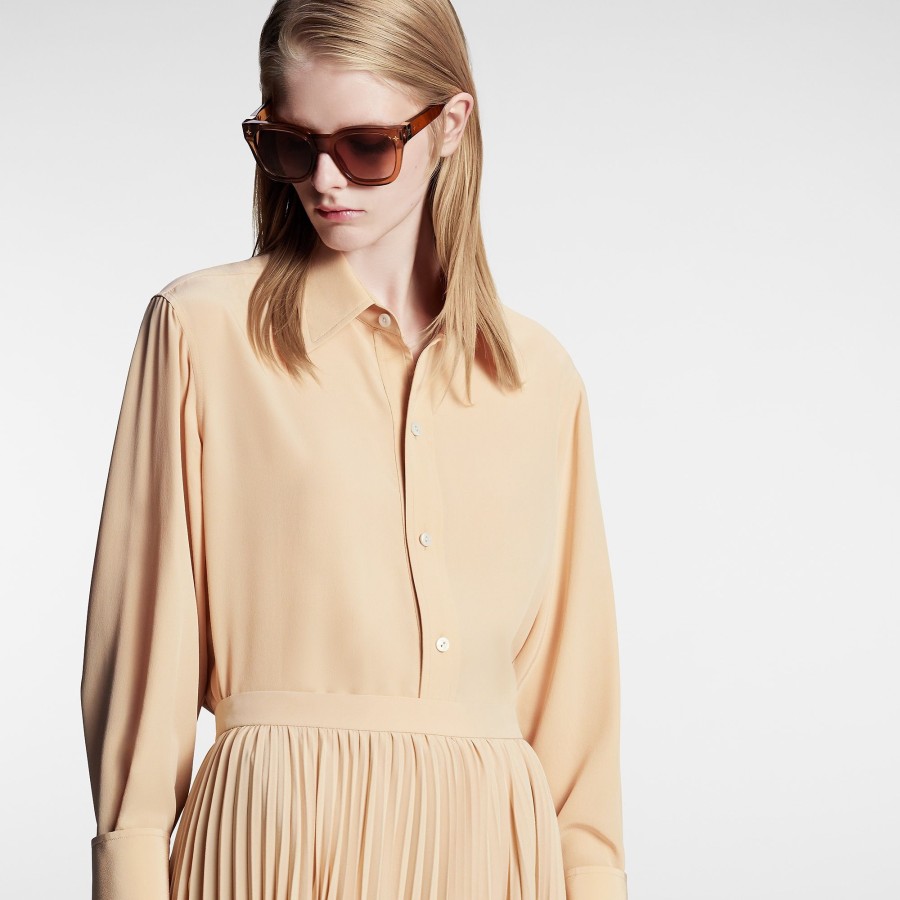 Women Louis Vuitton Tops | Rounded Hem Silk Shirt Savane